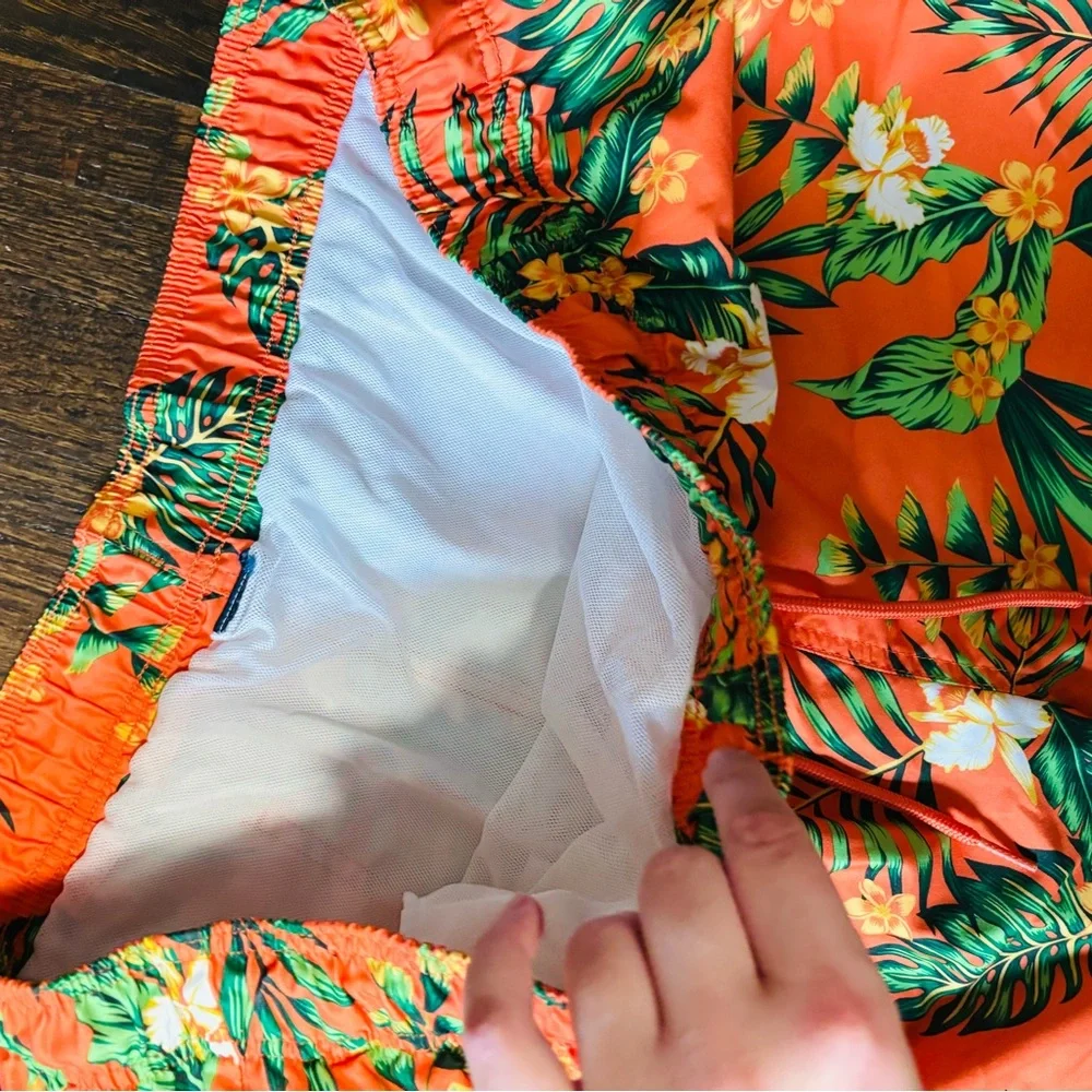 TROPICAL Men’s Orange Floral Drawstring Swim Shorts, Size XXL
